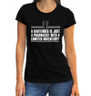 A women’s fitted t-shirt in black featuring a beer glass graphic with the humorous text, "A Bartender is Just a Pharmacist With a Limited Inventory.
