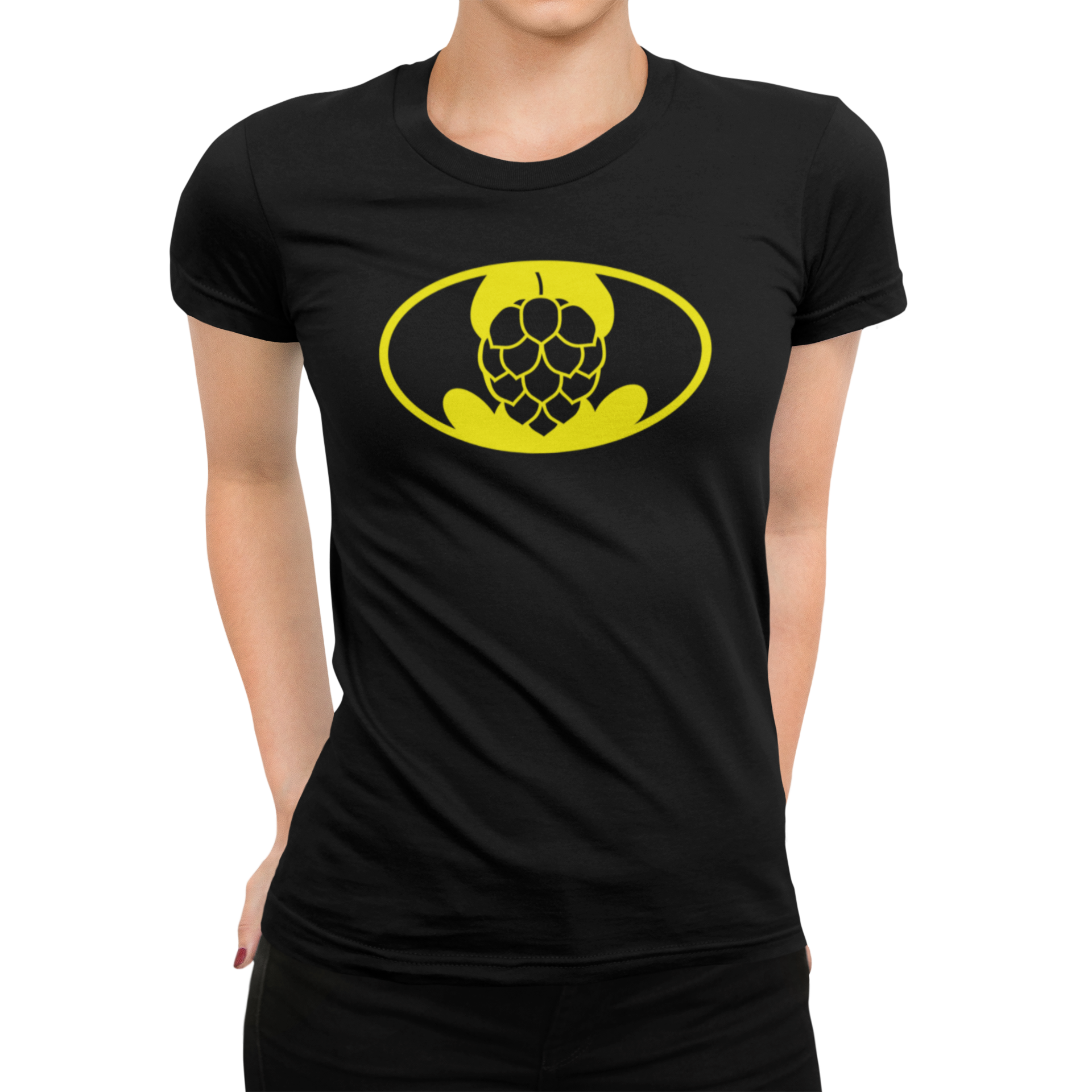 Close-up of the Women’s BatHop Symbol T-Shirt showcasing its detailed design and bold printing.