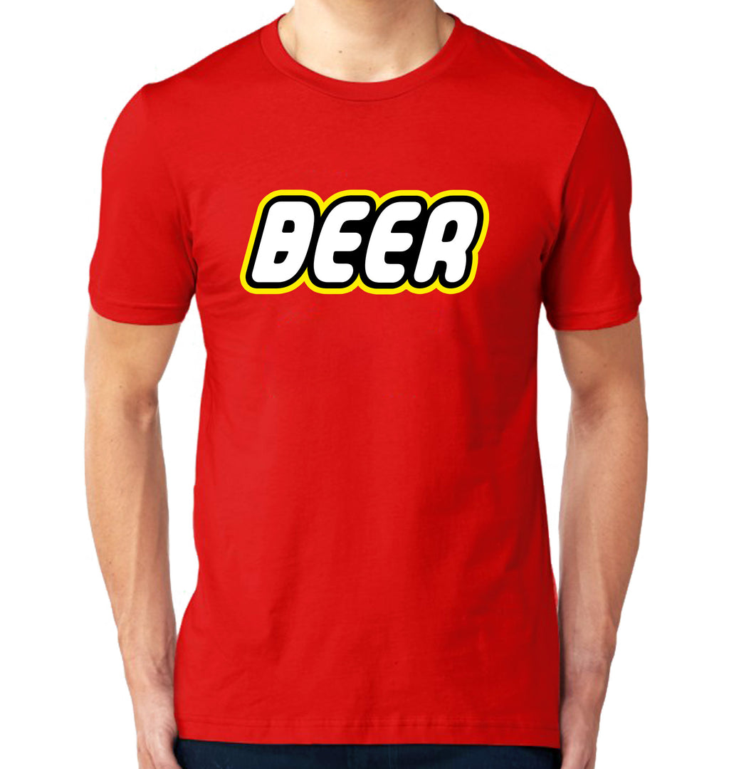 Close-up of the Beer Brick Building Blocks T-Shirt design, highlighting the playful block-inspired elements.