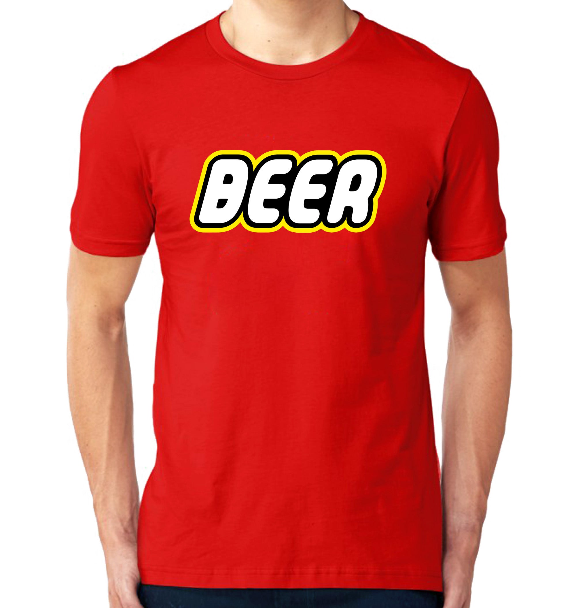 Close-up of the Beer Brick Building Blocks T-Shirt design, highlighting the playful block-inspired elements.