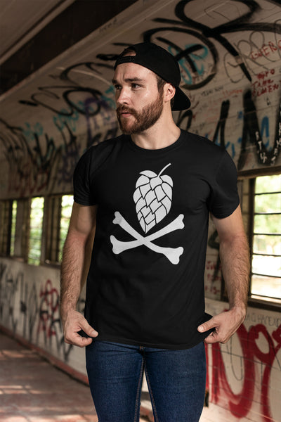 Unisex black ringspun cotton tee with hop-skull and bones print