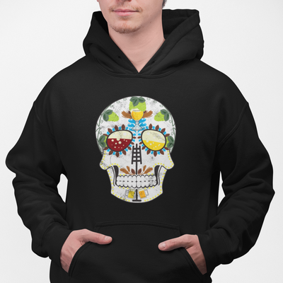 Black hoodie displaying a Brewer’s Sugar Skull design with hops, wheat, and beer mugs