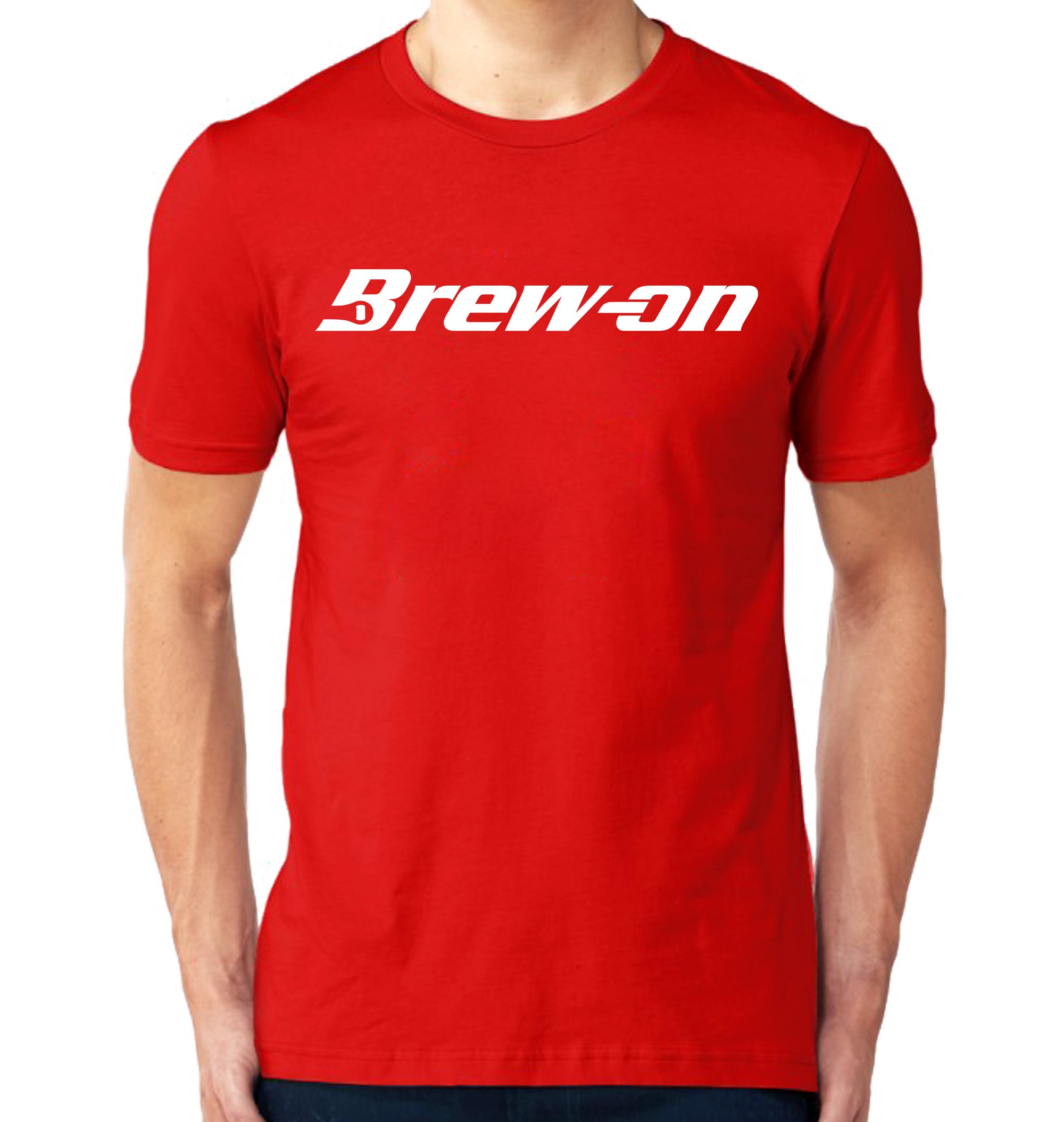 Brew-On Brewing Tools T-shirt in red with white text on the front