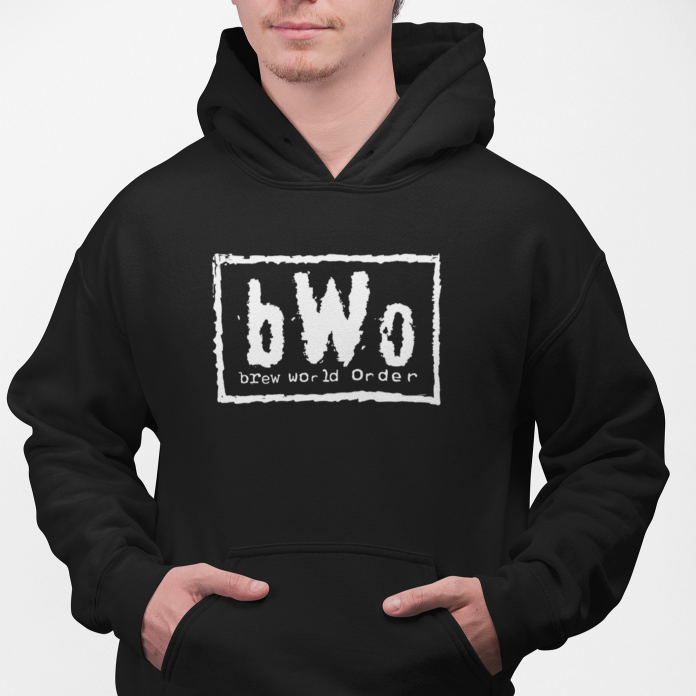 BrewSwag Brew World Order Beer Pullover Hoodie in black with bold white bWO logo