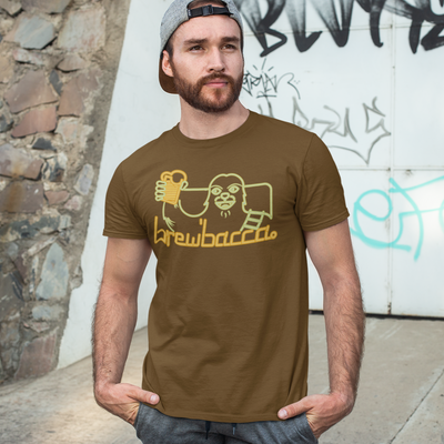 BrewSwag T-shirt with a tall, furry friend raising a glass under Brewbacca text