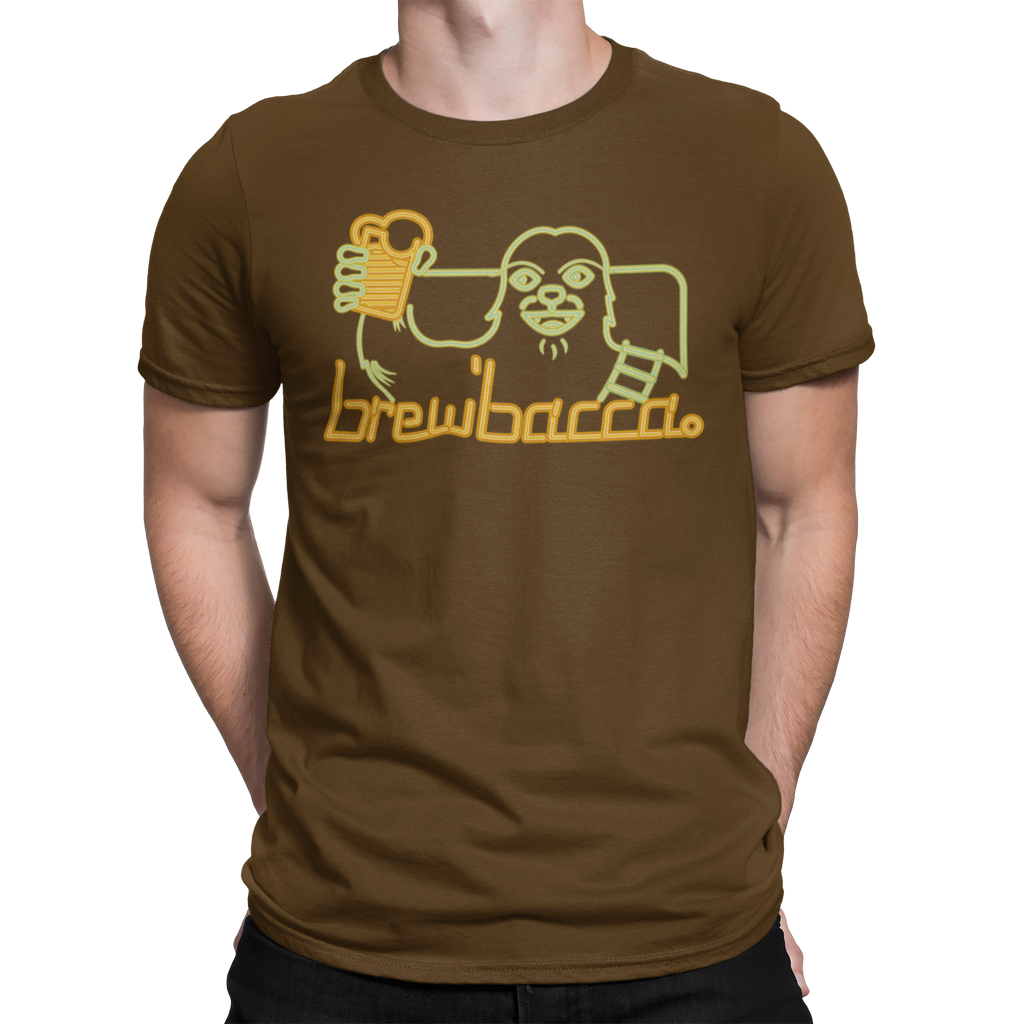 Brewbacca Beer Wars T-shirt in brown with a neon-style graphic