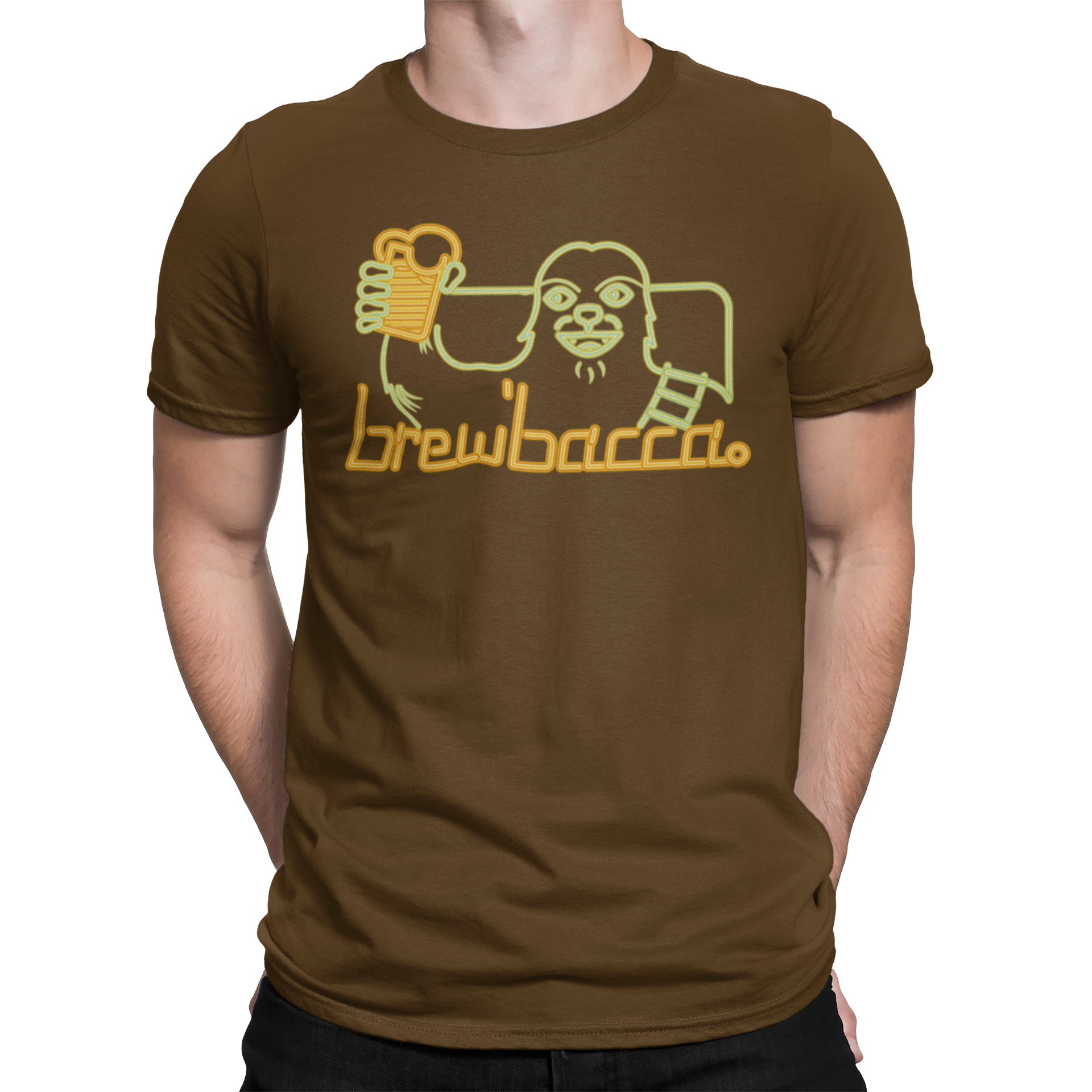 Brewbacca Beer Wars T-shirt in brown with a neon-style graphic