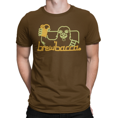 Brewbacca Beer Wars T-shirt in brown with a neon-style graphic