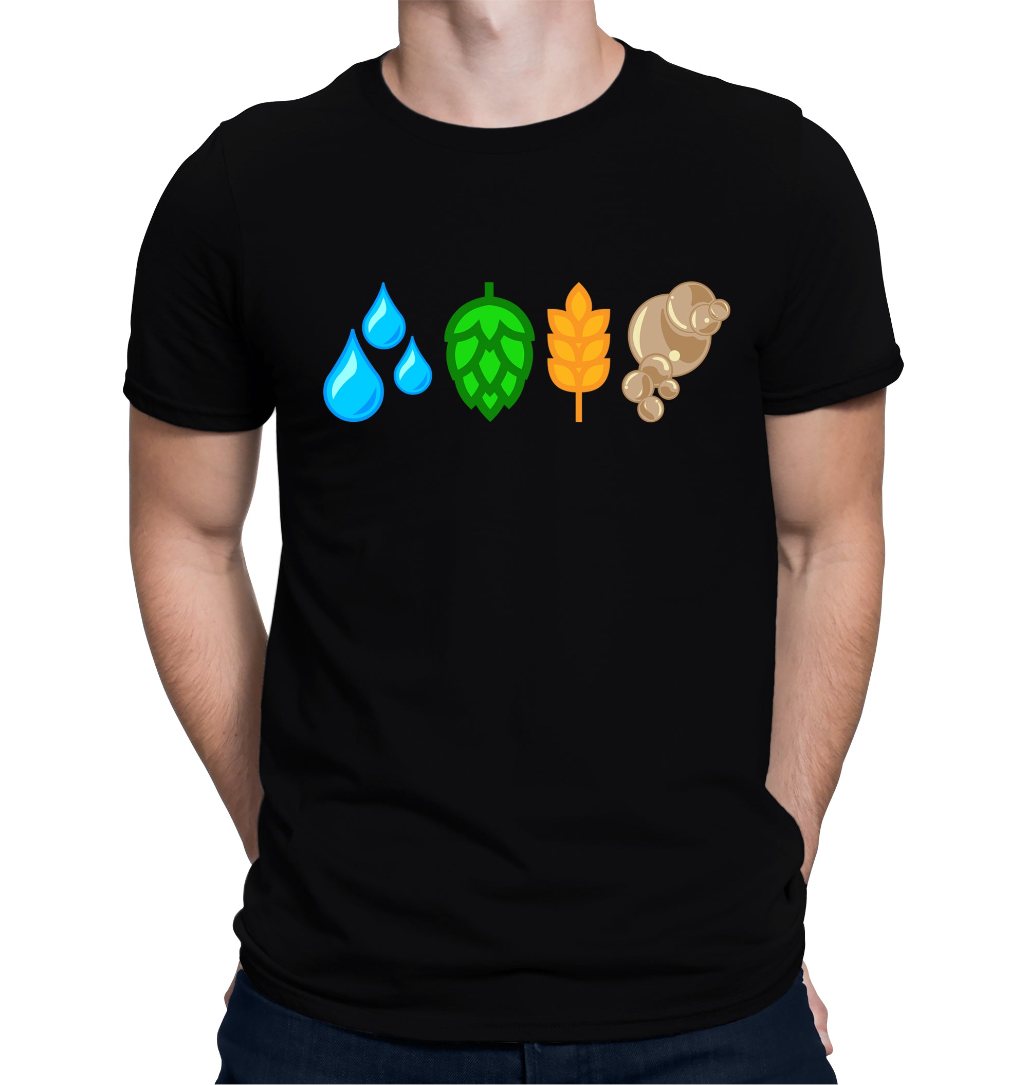 Black t-shirt with water droplet, hop cone, barley stalk, and yeast cluster icons
