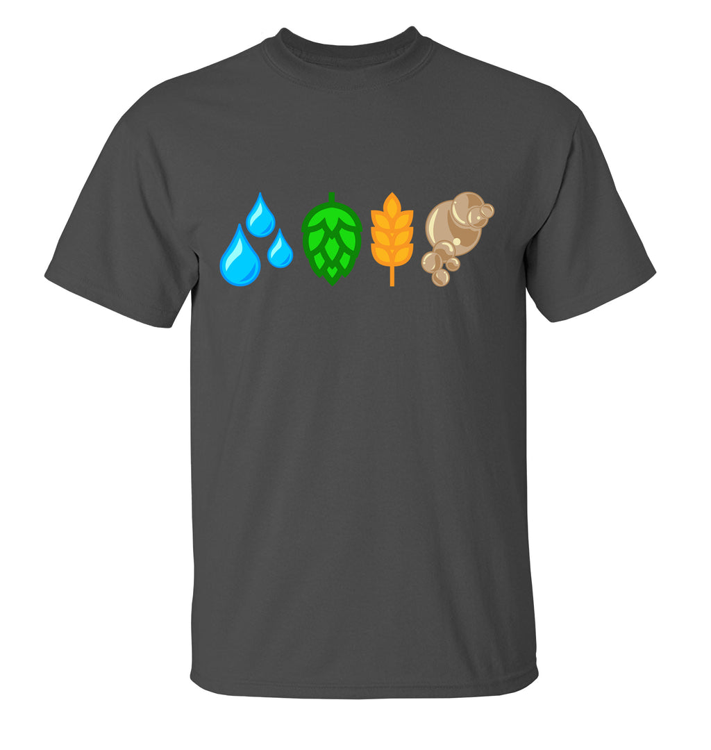 Minimalist brewery elements design on black, gray, and navy t-shirts