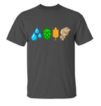 Minimalist brewery elements design on black, gray, and navy t-shirts