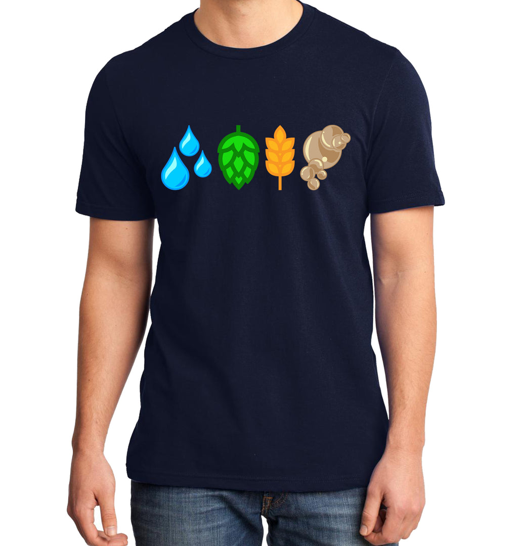 Navy craft beer shirt with H₂O, hops, grain, and yeast graphic
