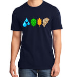 Navy craft beer shirt with H₂O, hops, grain, and yeast graphic