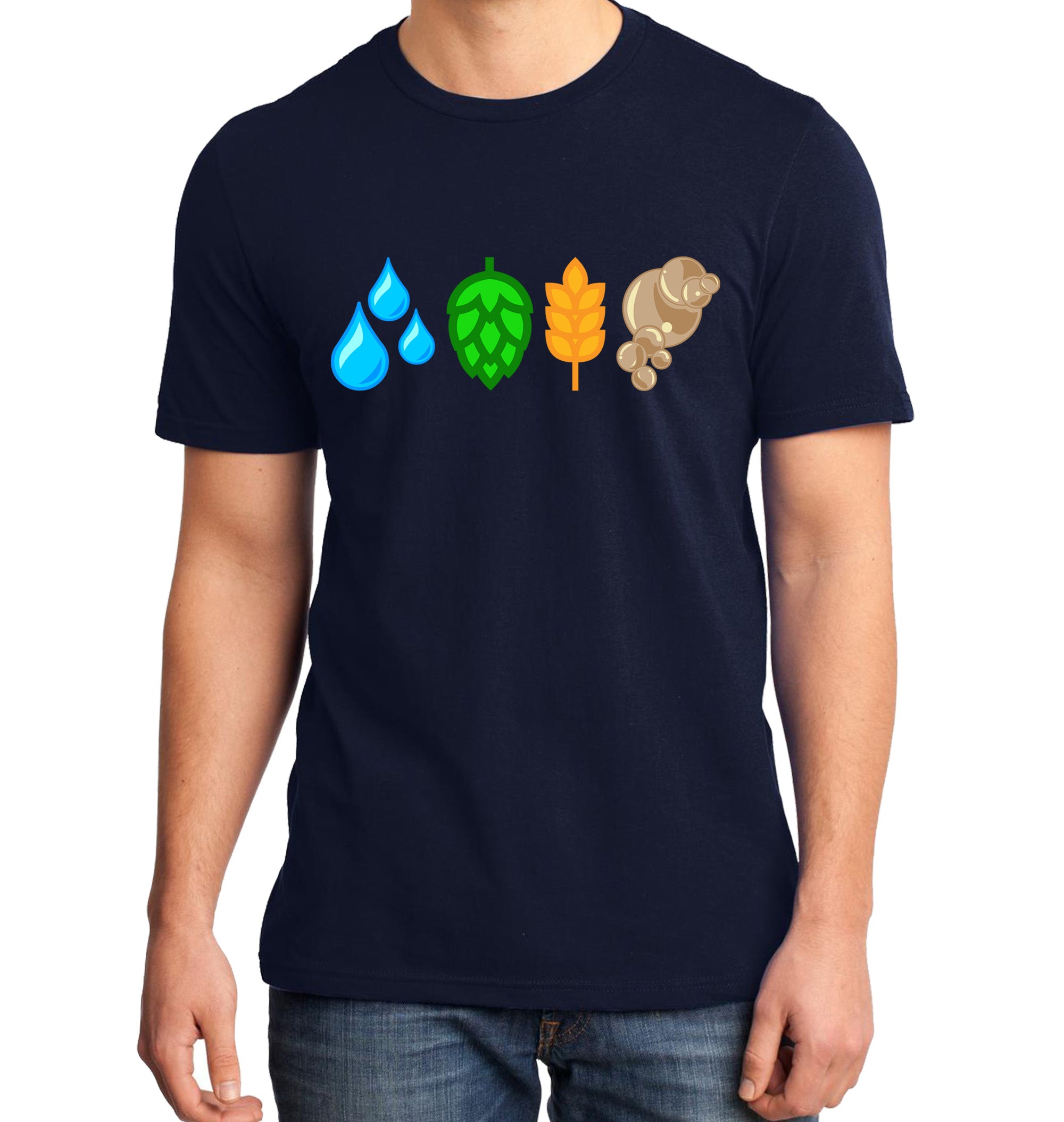 Navy craft beer shirt with H₂O, hops, grain, and yeast graphic