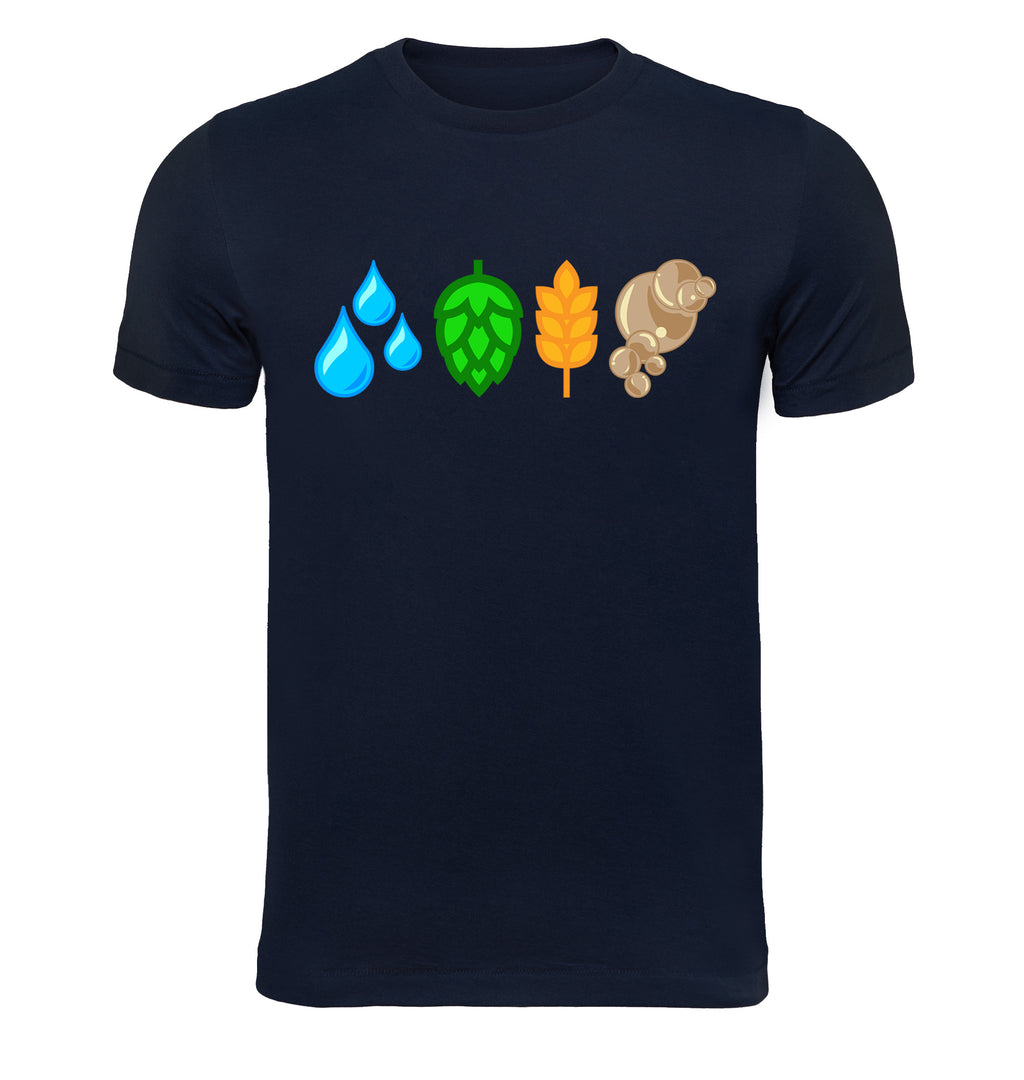 Front view of brewing essentials icons on cotton craft beer tee