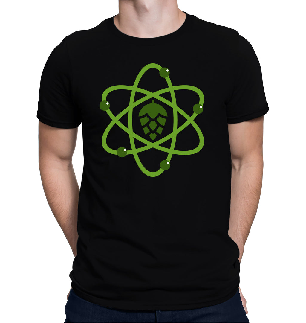 Brewing Science Homebrewing T-shirt with an atom and hop cone design