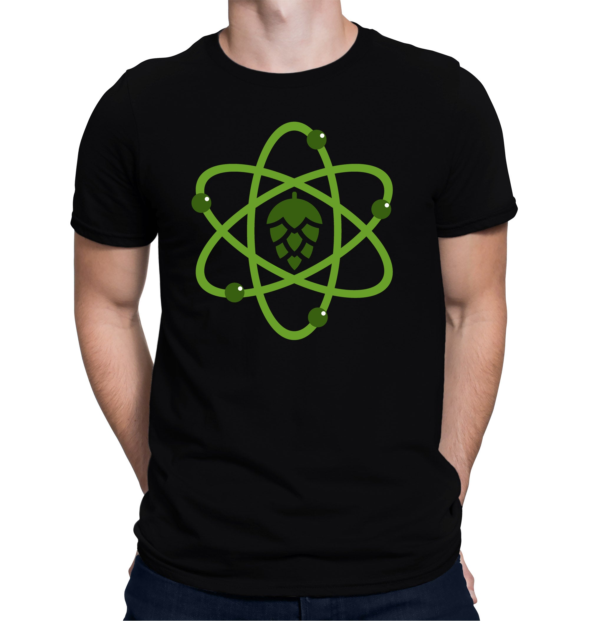 Brewing Science Homebrewing T-shirt with an atom and hop cone design