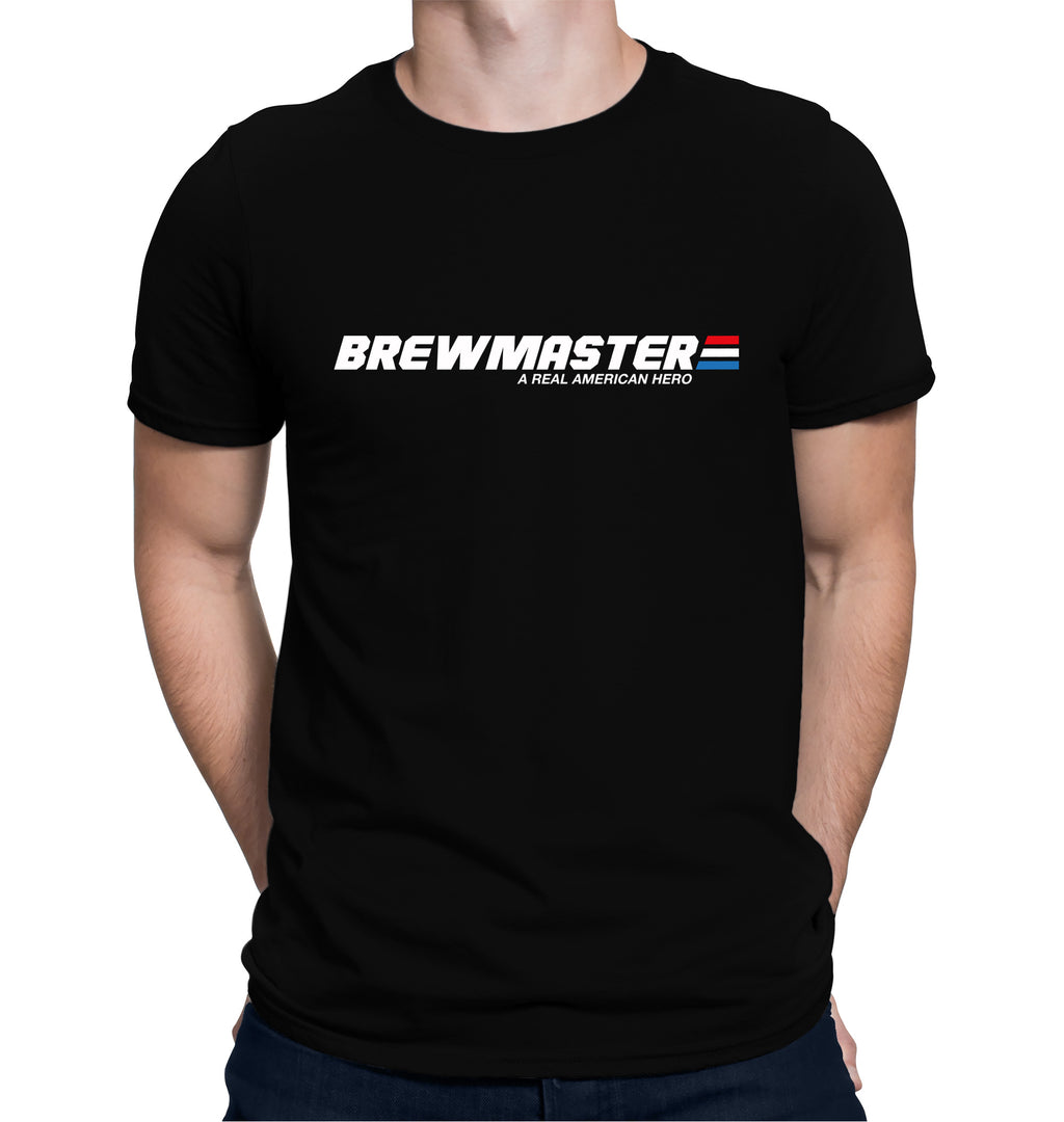 Brewmaster A Real American Hero beer T-shirt in black with bold white text