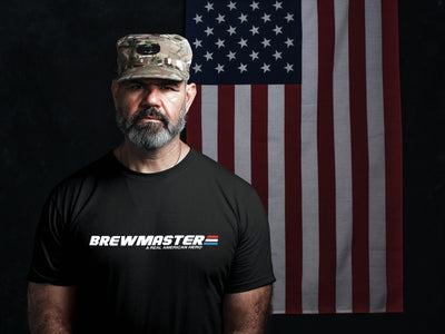 Black Brewmaster a Real American Hero Beer T-Shirt Action Shot