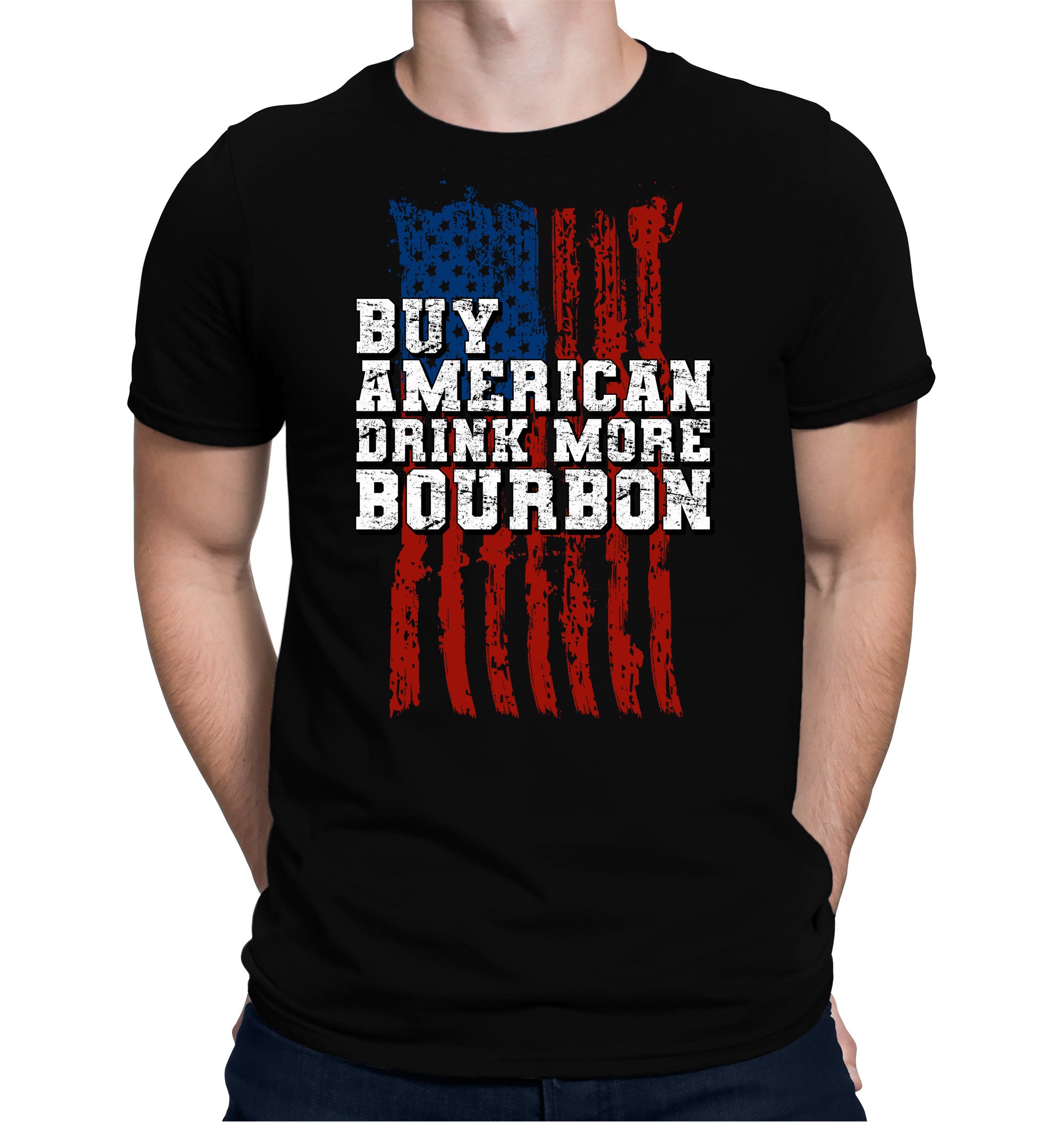Black Buy American Drink More Bourbon T-shirt with flag and white text