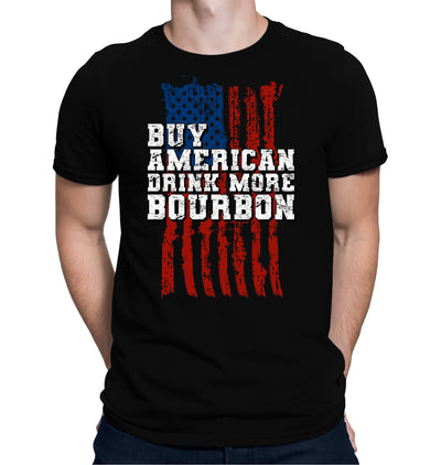 Black Buy American Drink More Bourbon T-shirt with flag and white text