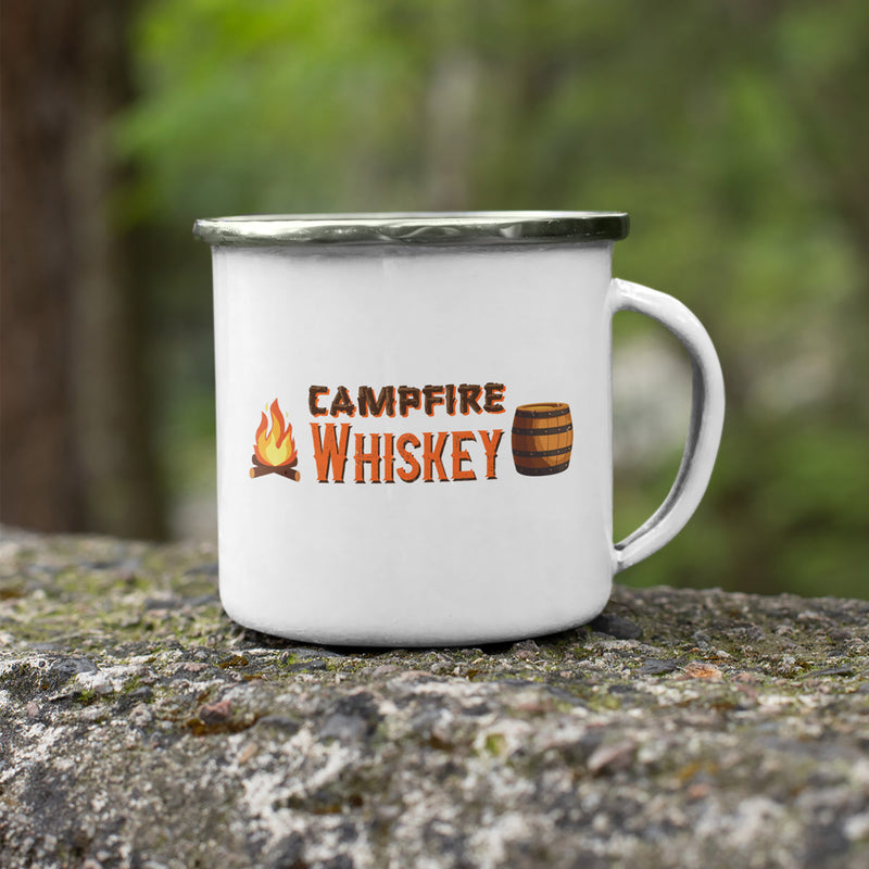 hite Campfire Whiskey stainless steel camping mug with fire and barrel design