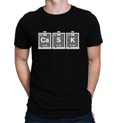 Cask Beer T-shirt with periodic table elements Ca S K in keg shapes