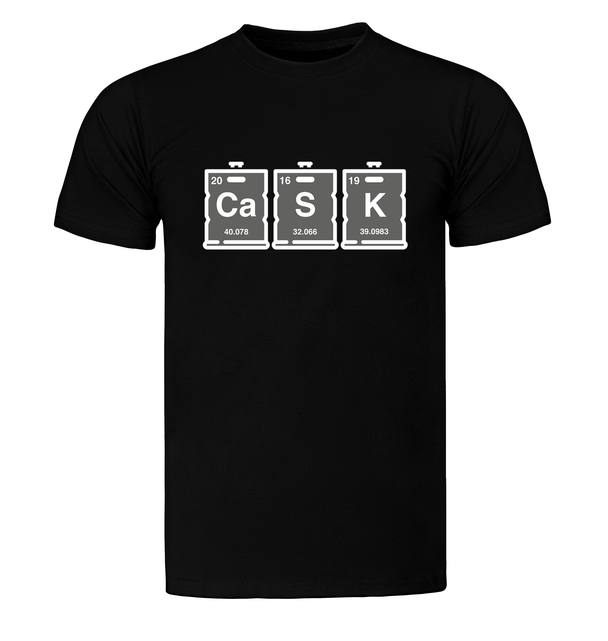 Black beer T-shirt with Cask Periodic Table parody design