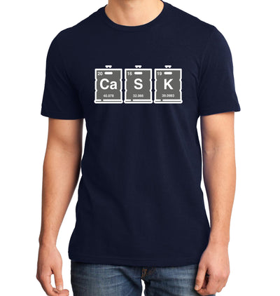raft beer shirt featuring CASK spelled out in science-style keg boxes