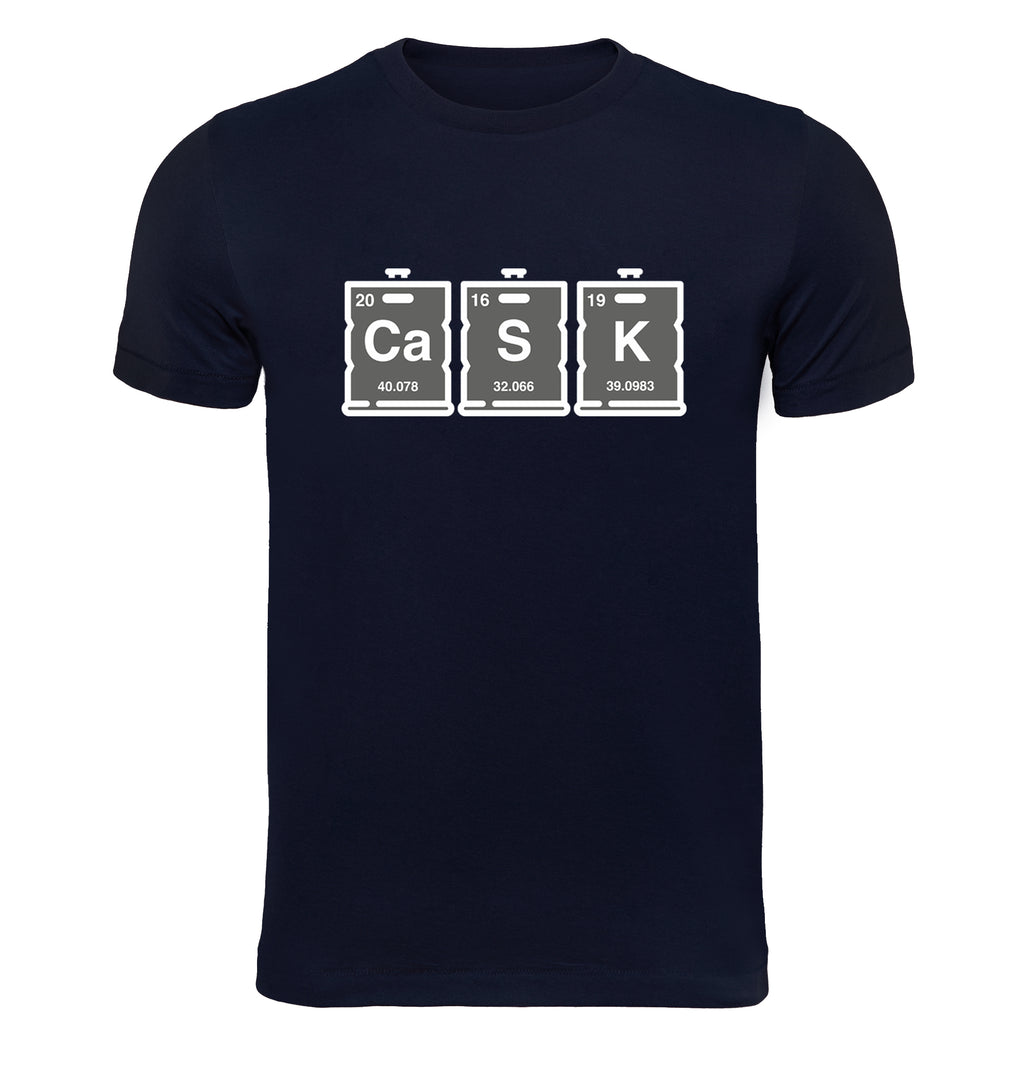 Navy homebrewing shirt with periodic table themed keg graphic