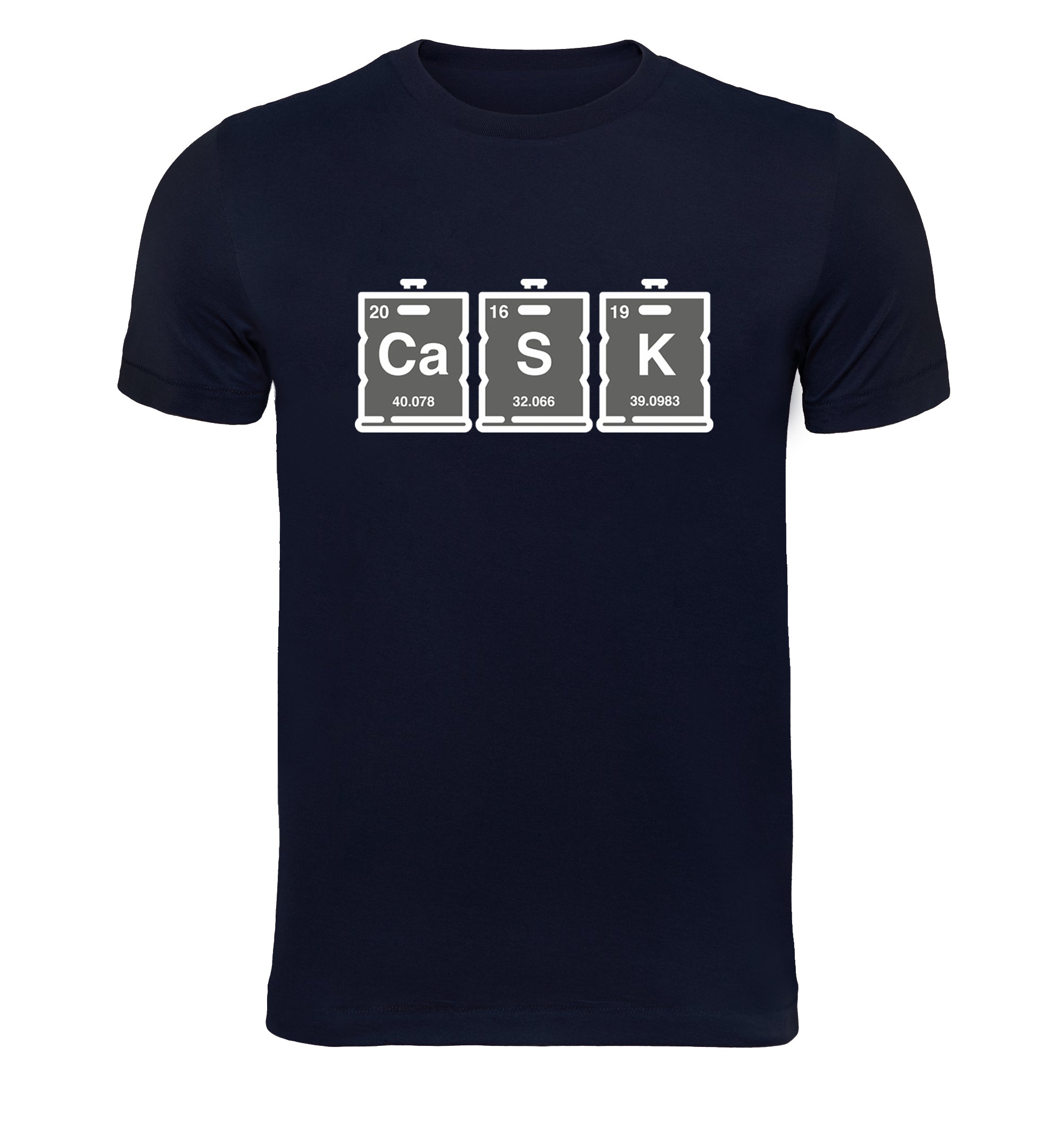 Navy homebrewing shirt with periodic table themed keg graphic