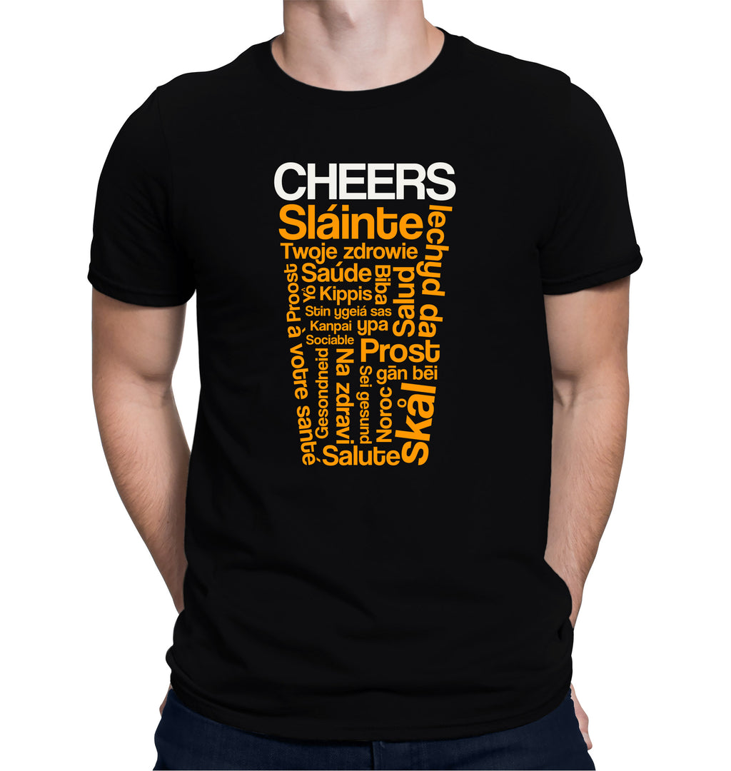 Black t-shirt with pint glass made of cheers in 20+ languages