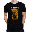 Black t-shirt with pint glass made of cheers in 20+ languages