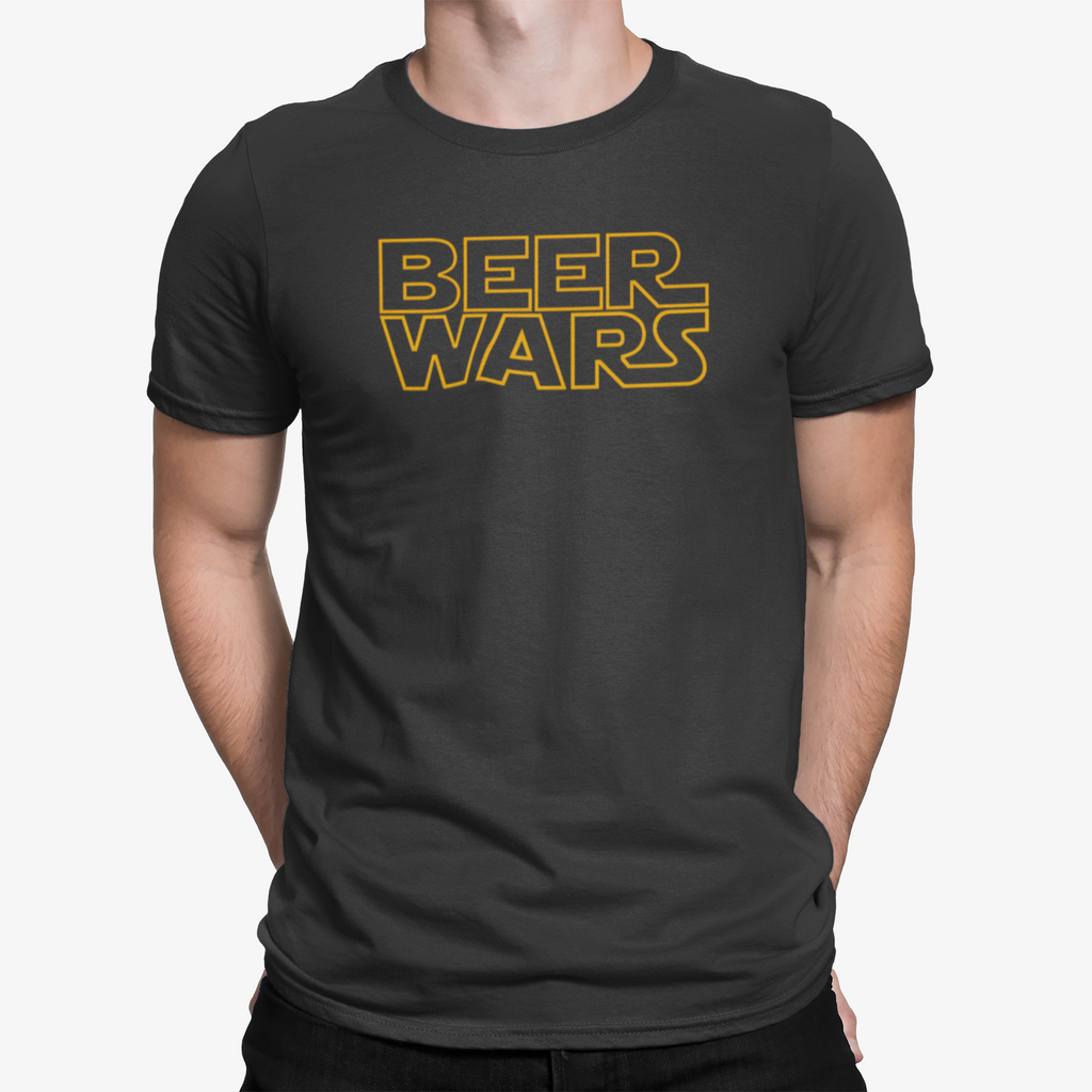Close-up of Beer Wars logo design on a dark grey unisex T-shirt