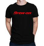Close-up of Brew-On text on a black tee with red lettering
