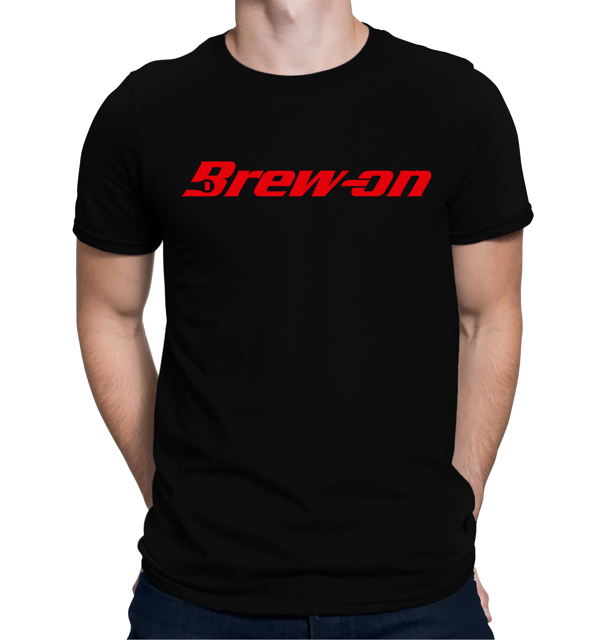 Close-up of Brew-On text on a black tee with red lettering