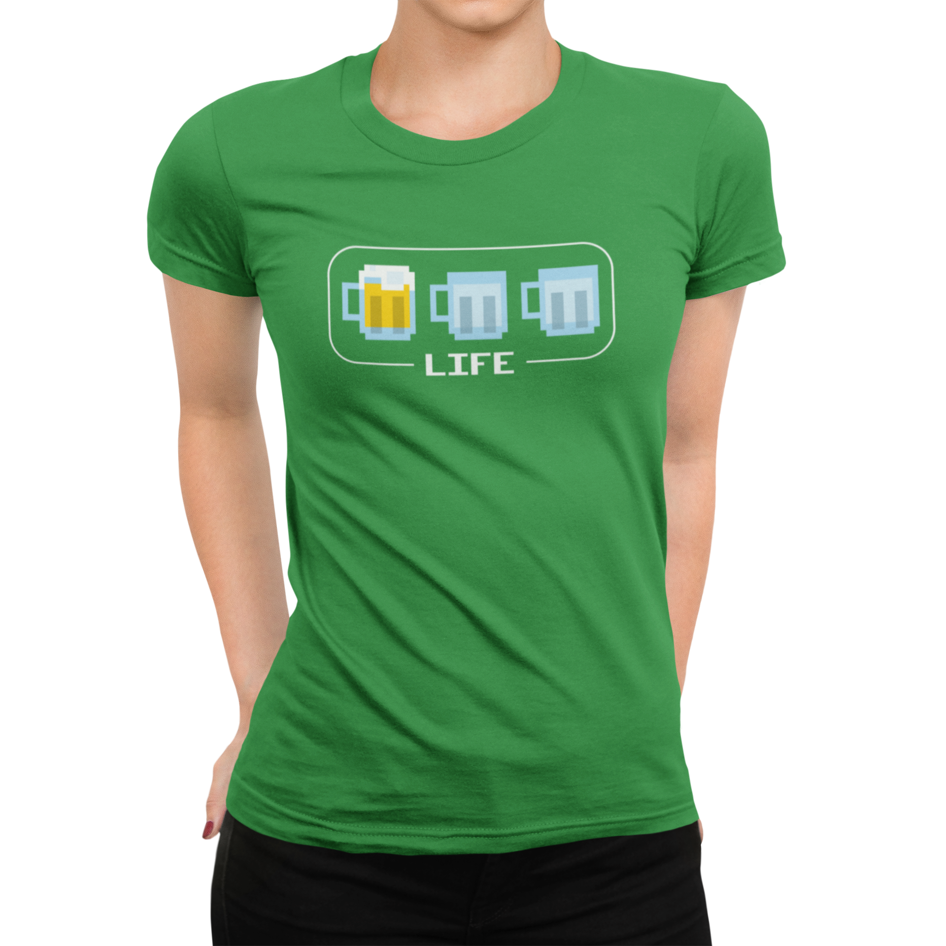 Close-up of female-fit tee with 80s-style LIFE bar design and one full beer mug