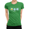 Close-up of female-fit tee with 80s-style LIFE bar design and one full beer mug
