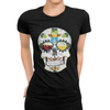 Close-up of sugar skull artwork with hops, wheat, and beer mugs on a ladies’ fit tee
