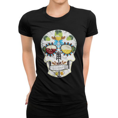 Close-up of sugar skull artwork with hops, wheat, and beer mugs on a ladies’ fit tee