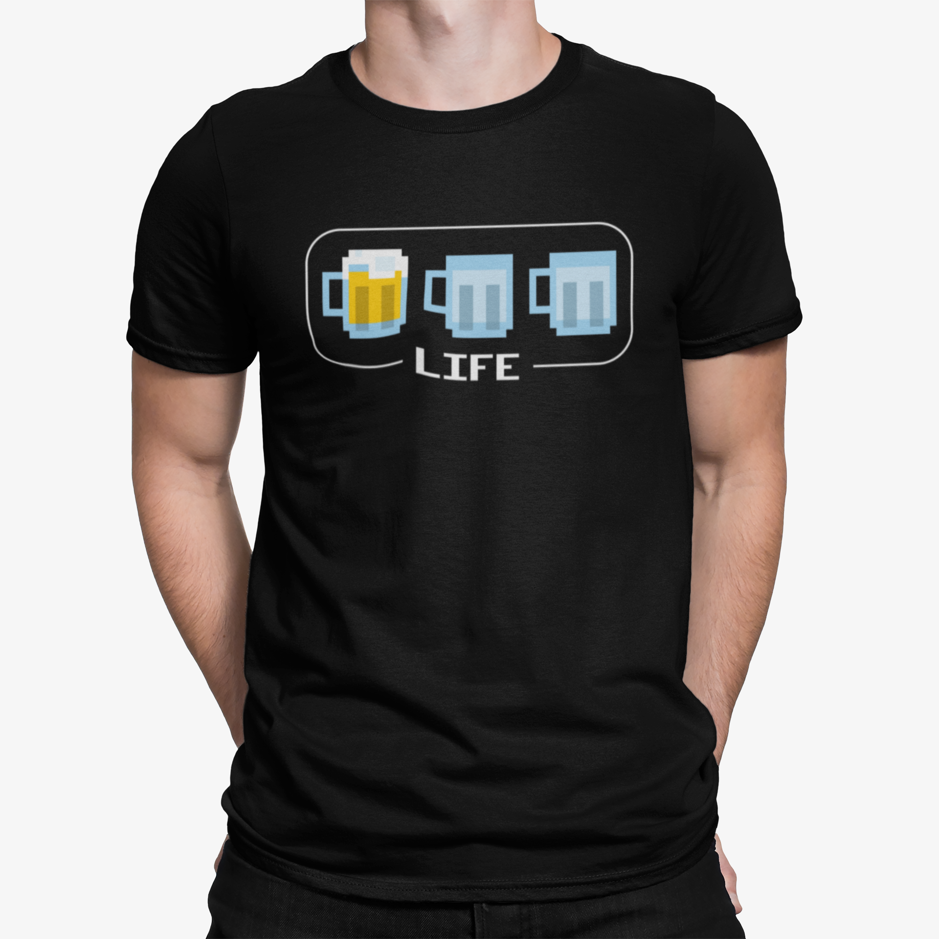 Close-up of the 80s/90s style life meter graphic on a black tee