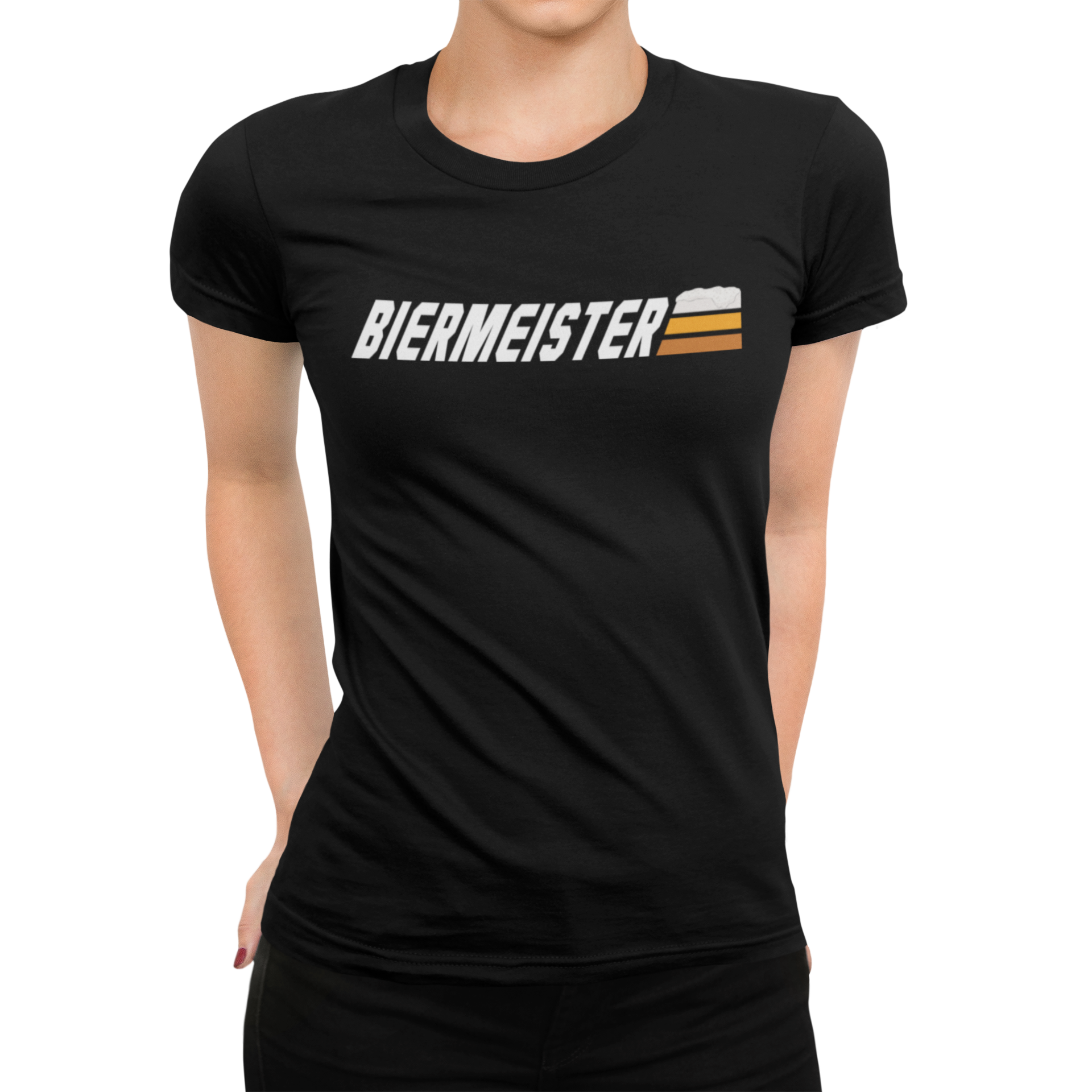 Close-up of the stylized three-line craft beer illustration on front of women’s tee