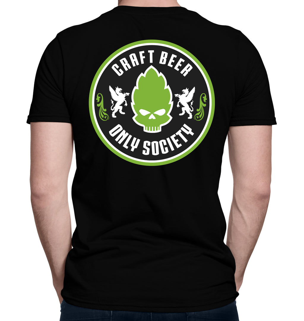 Black Craft Beer Only Society shirt with neon green C.B.O.S. hop skull