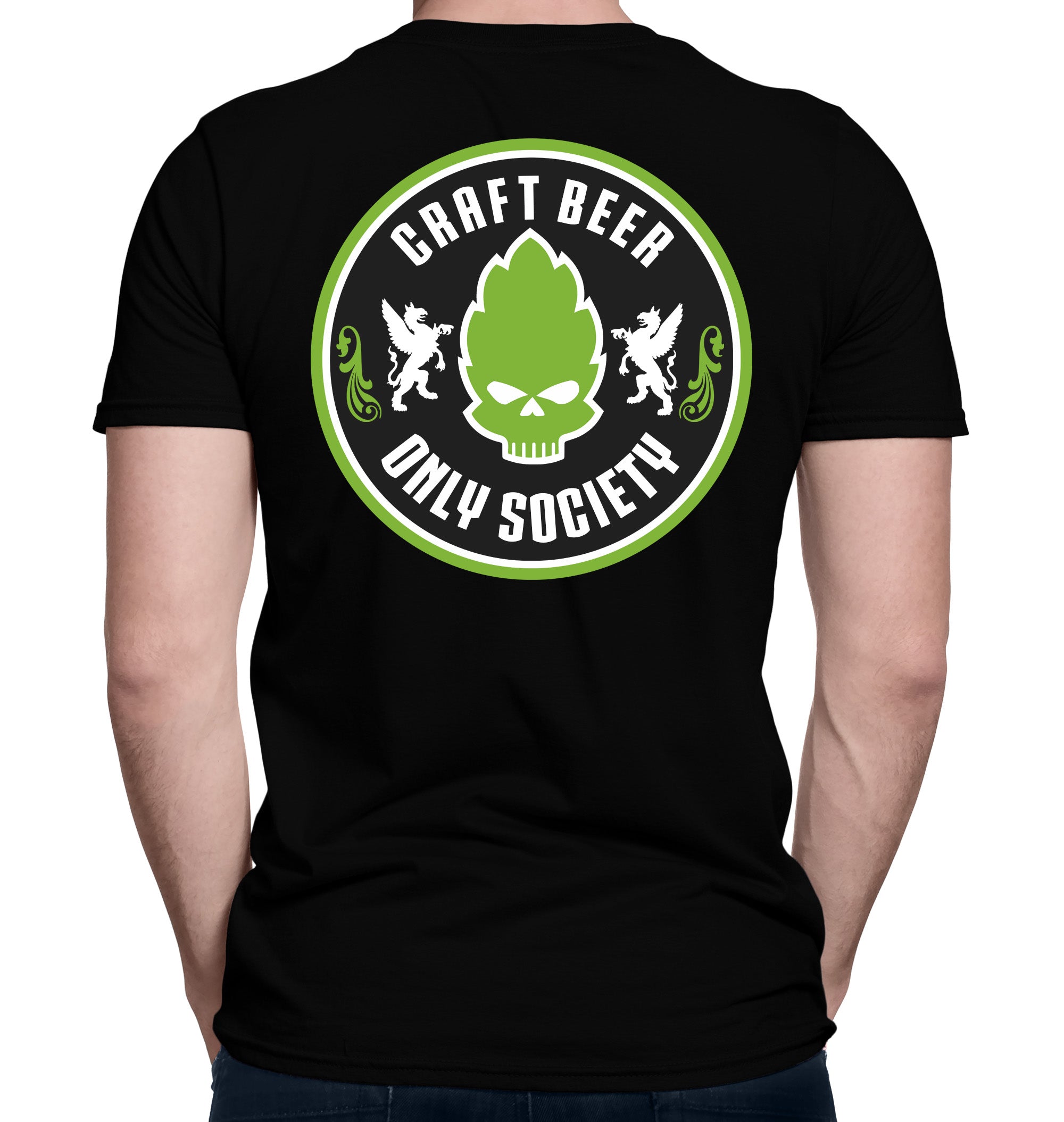 Black Craft Beer Only Society shirt with neon green C.B.O.S. hop skull