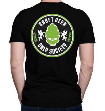 Black Craft Beer Only Society shirt with neon green C.B.O.S. hop skull