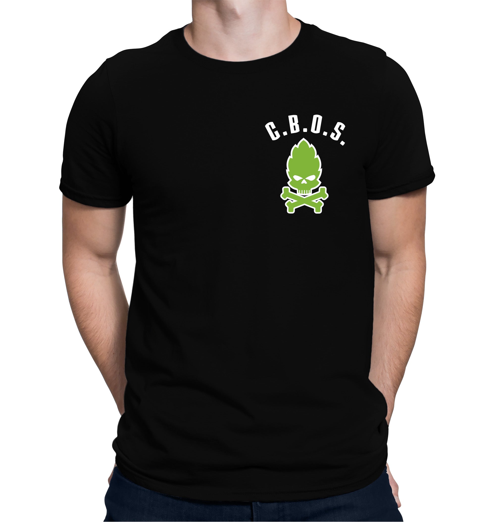 Craft beer T-shirt with skull and crossbones hop logo on front and back