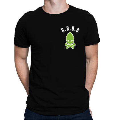 Craft beer T-shirt with skull and crossbones hop logo on front and back