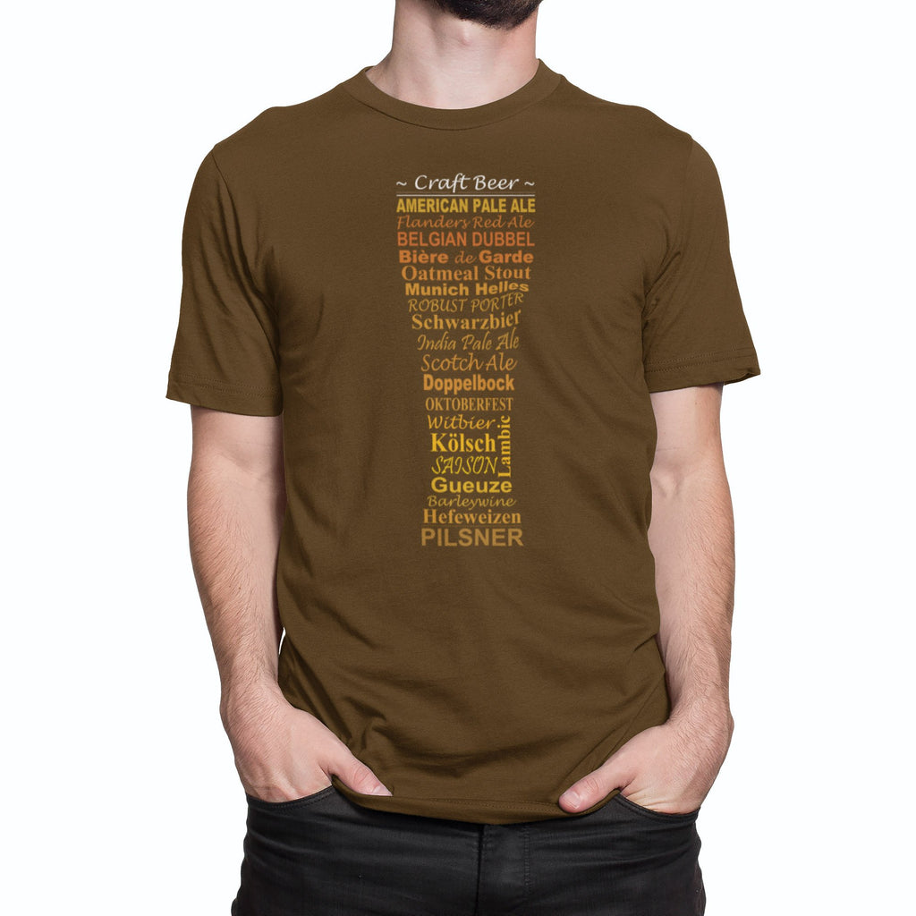 Brown beer T-shirt with golden text shaped like a pilsner glass