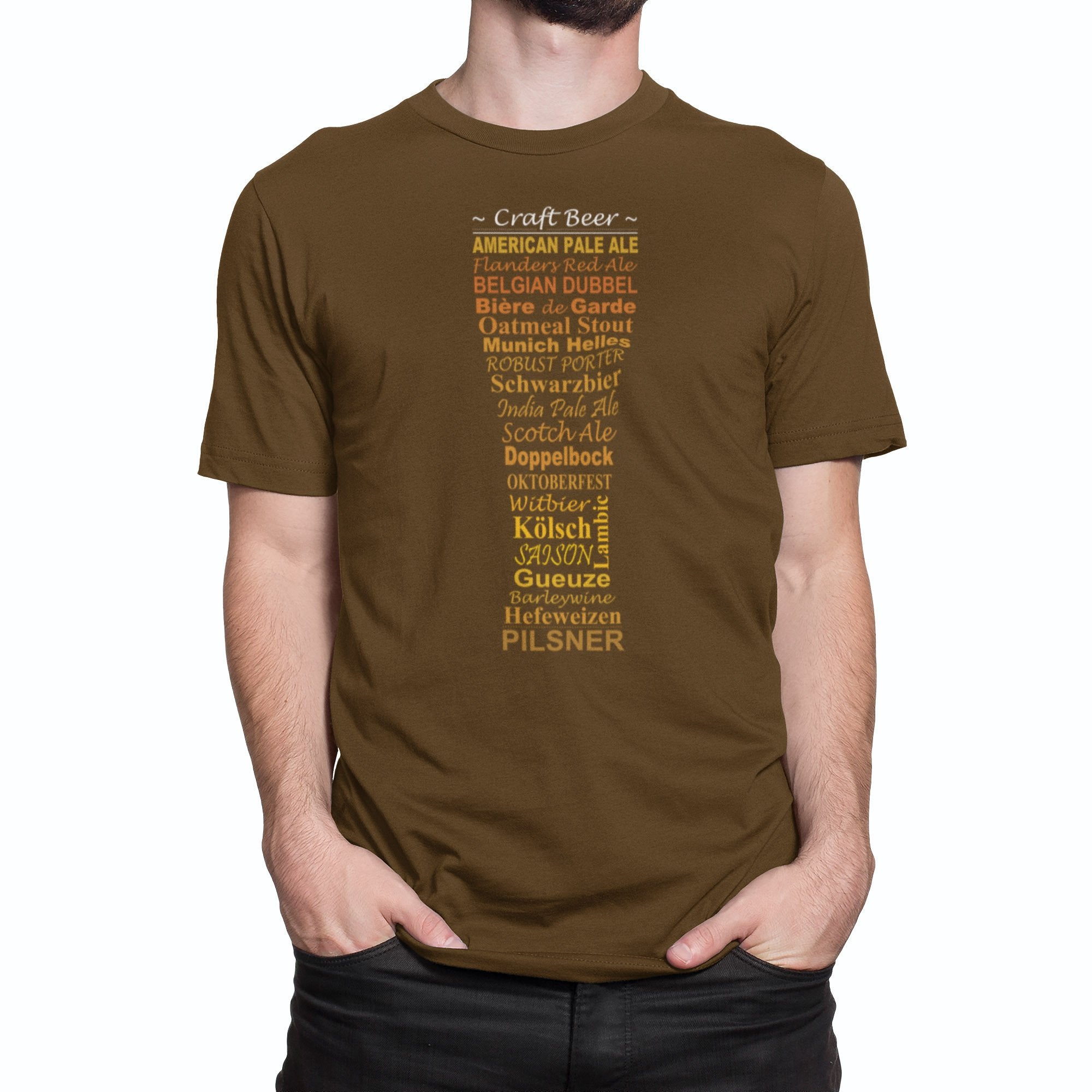 Brown beer T-shirt with golden text shaped like a pilsner glass