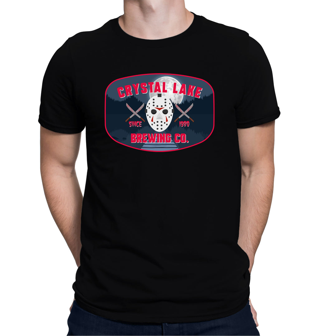 Black Crystal Lake Brewing Co. T-shirt with red bloody knife and mask design